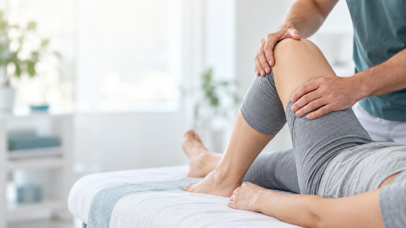 Representative physiotherapy image: hands supporting an adult patient’s knee during a movement assessment
