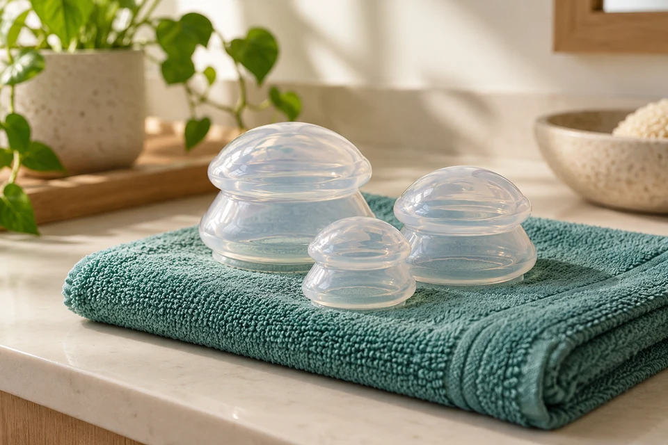 Representative photo: Silicone therapy cups on a teal towel
