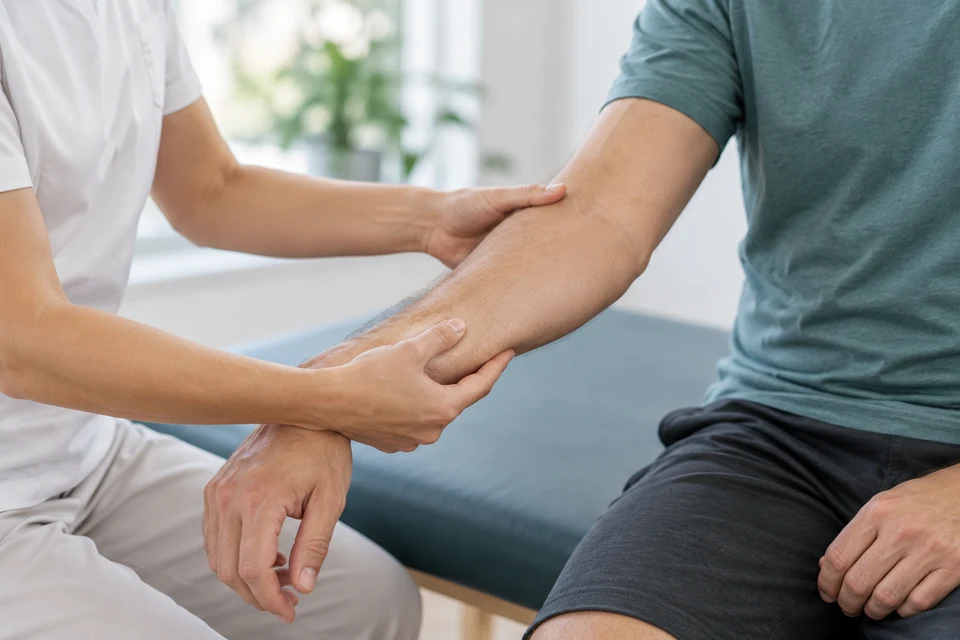 Representative photo: Hands supporting a forearm during a movement assessment
