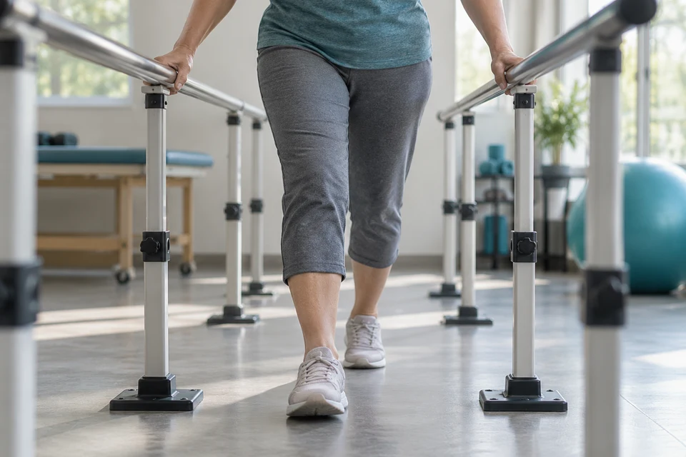 Representative photo: Adult practicing supported walking between parallel bars